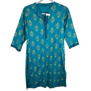 Avaasa NWT 100% Cotton Teal Yellow Pattern 3/4 Sleeve Split Neck Tunic Blouse S